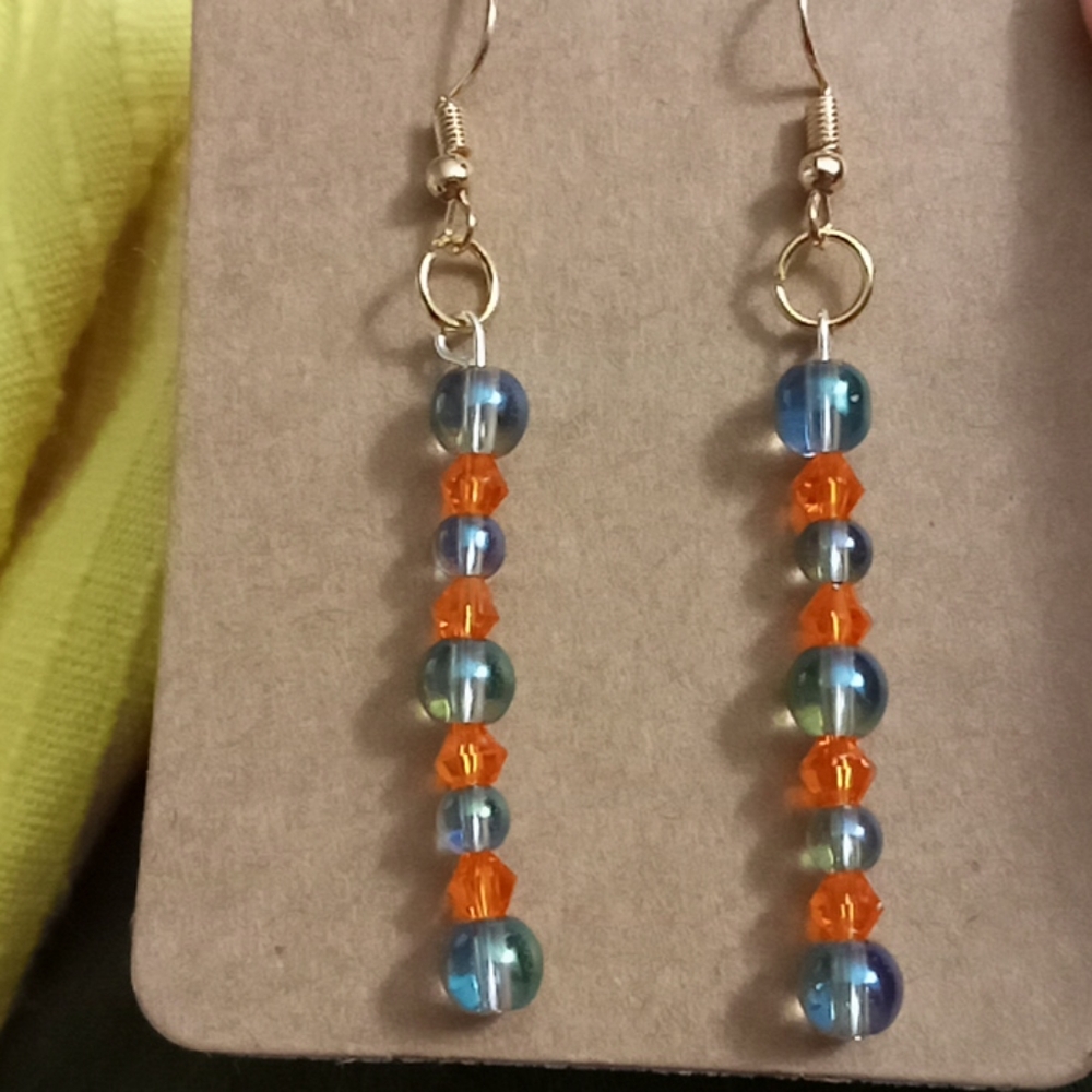 Hand Crafted Orange crystal and iridescent statement earrings drop earrings